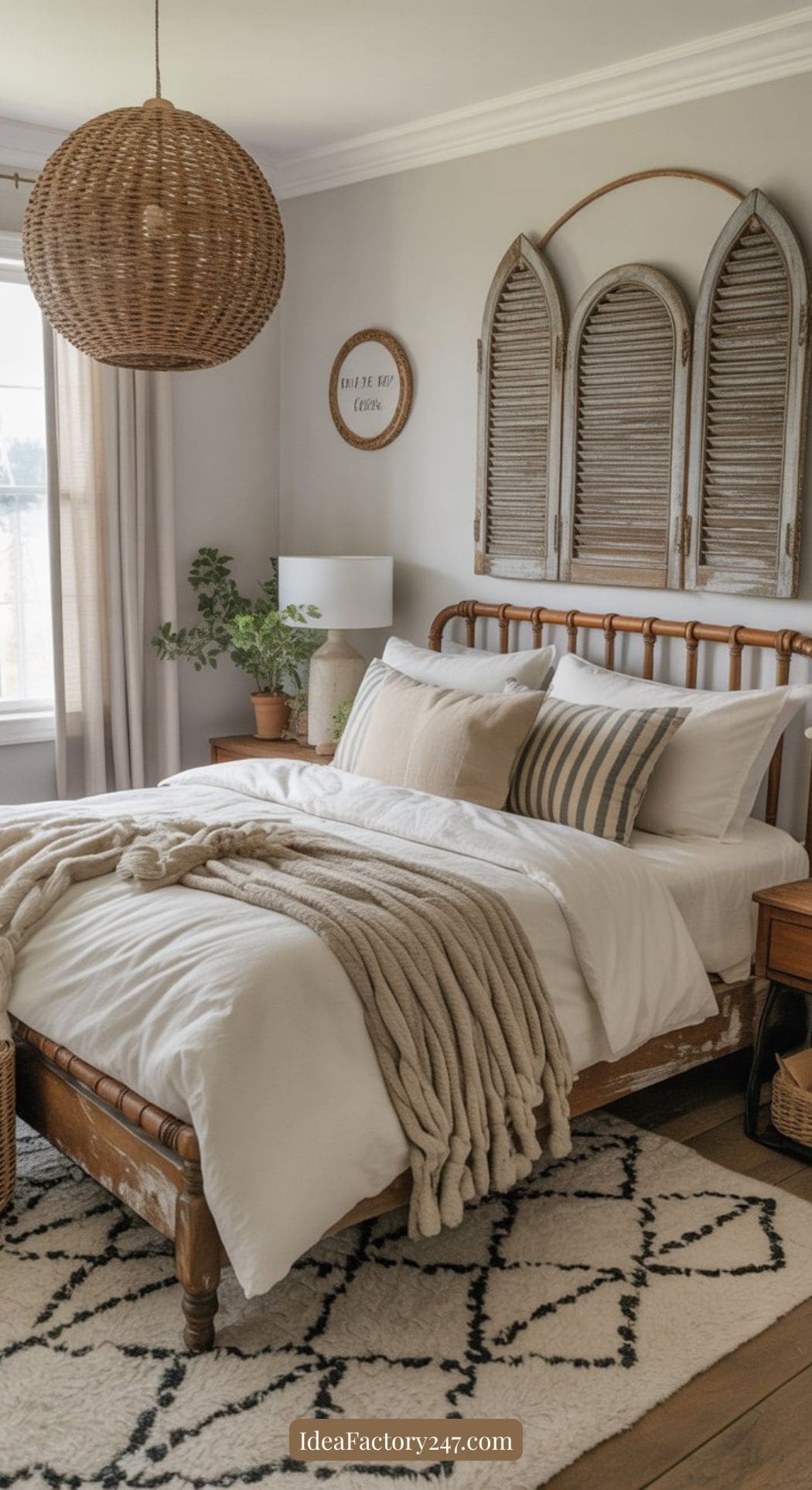 A cozy bedroom with a wooden bed, white bedding, and striped pillows. A chunky knit blanket lies on the bed. There’s a rattan pendant light, plants, and decorative shutters above the bed, all in a neutral color palette.