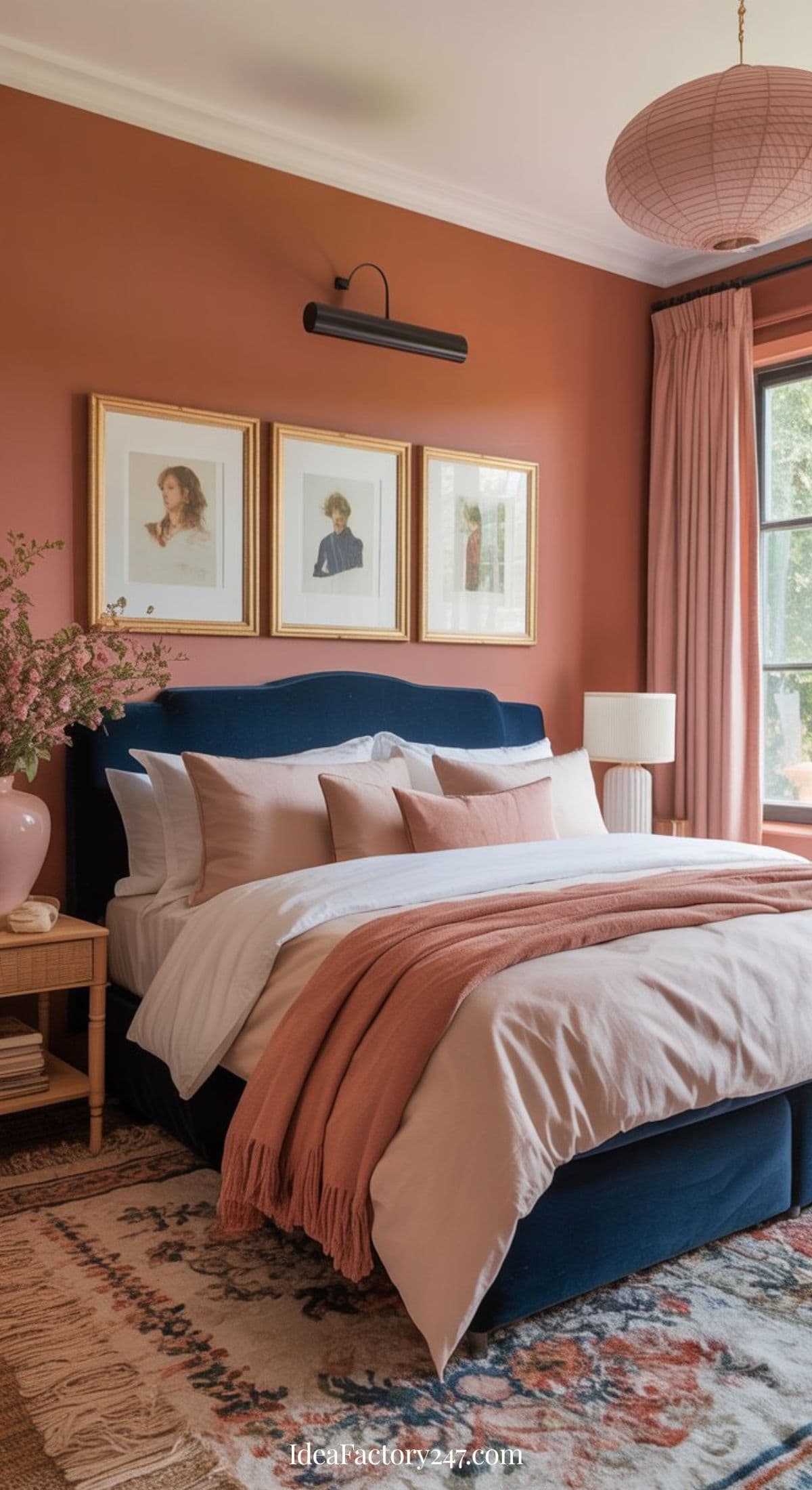 A cozy blue and terracotta bedroom with navy upholstered bed, white and blush bedding, pink throw blanket, three framed portraits above the headboard, patterned rug, nightstand with a pink vase, and large window with pink curtains.