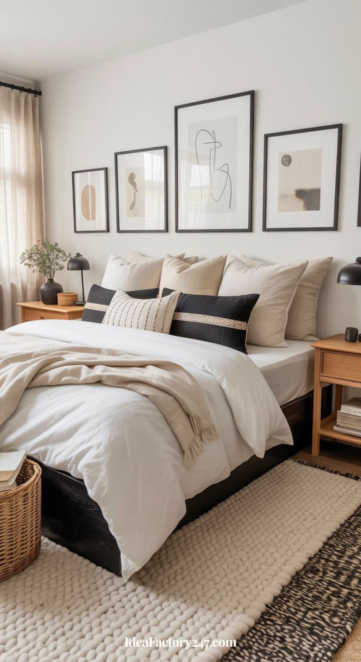 A modern bedroom with a neatly made bed featuring white and neutral bedding, beige and black accent pillows, wooden nightstands, black lamps, a woven basket, and abstract art in black frames on the wall.