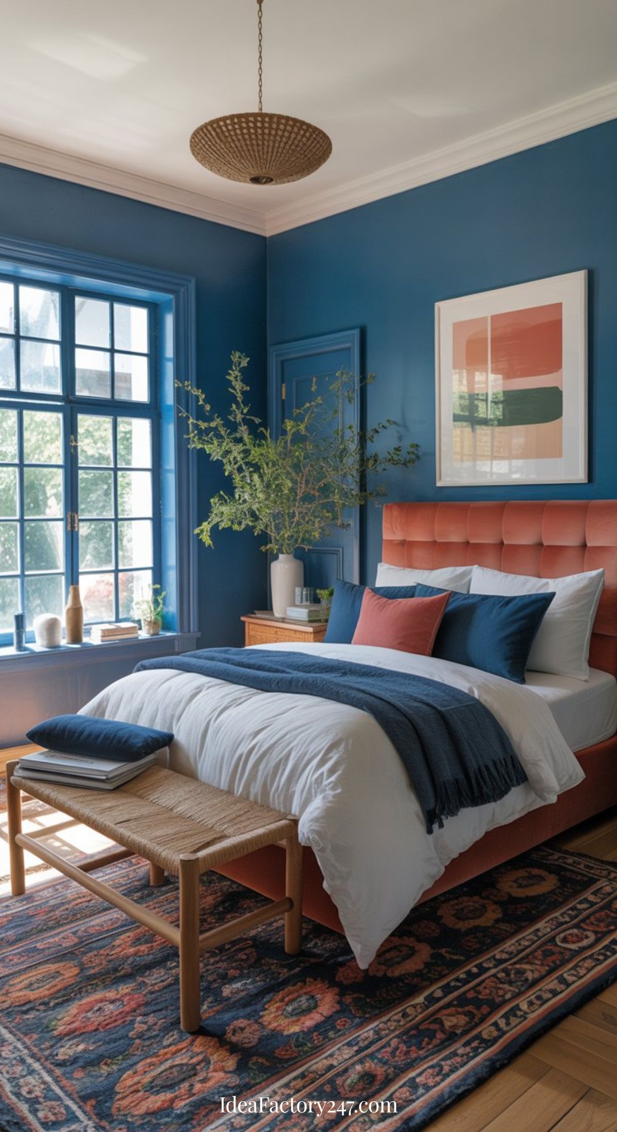 A stylish blue and terracotta bedroom features blue walls, a large window, an orange upholstered bed, white and blue bedding, a woven bench, patterned rug, potted plant, and modern art above the bed. Natural light fills the room.