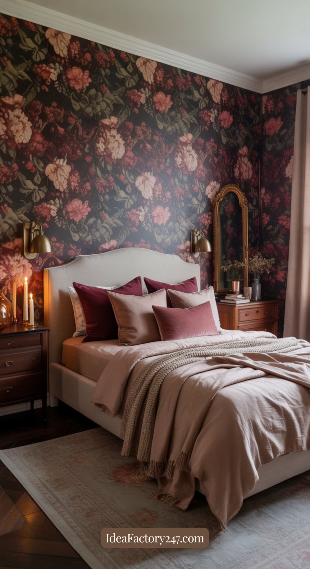 A cozy bedroom with floral wallpaper, a beige upholstered bed with pink and burgundy pillows, a throw blanket, wooden nightstands, candles, a vintage mirror, and soft natural light.