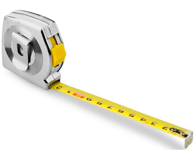 A silver tape measure with a yellow locking button, partially extended to show black and red measurement markings on the yellow tape—perfect for planning under kitchen sink organization.