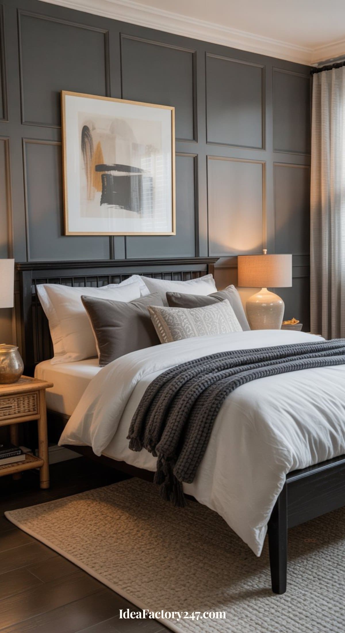 A modern bedroom with a black paneled accent wall, a bed with white and gray bedding, gray throw blanket, neutral pillows, wooden nightstands with lamps, and a large abstract art piece above the headboard.