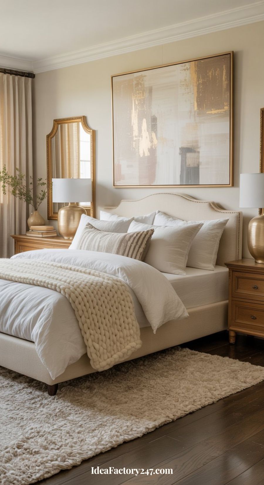 A cozy bedroom with a white bed, neutral bedding, chunky knit blanket, two wooden nightstands, table lamps, and gold-framed mirrors. Large abstract art hangs above the bed. Cream curtains and a plush rug complete the decor.
