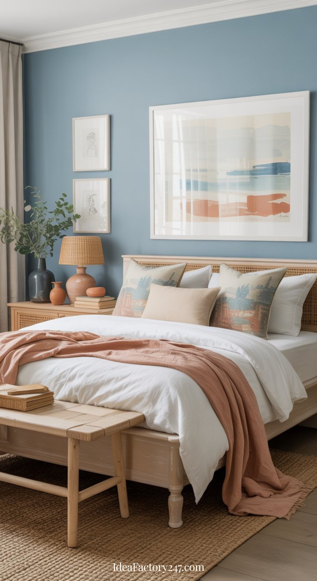 A cozy blue and terracotta bedroom features a rattan bed and bench, white bedding, and a peach throw blanket. Blue walls with framed art, plus a wooden nightstand topped with a woven lamp, books, and greenery complete the inviting space.