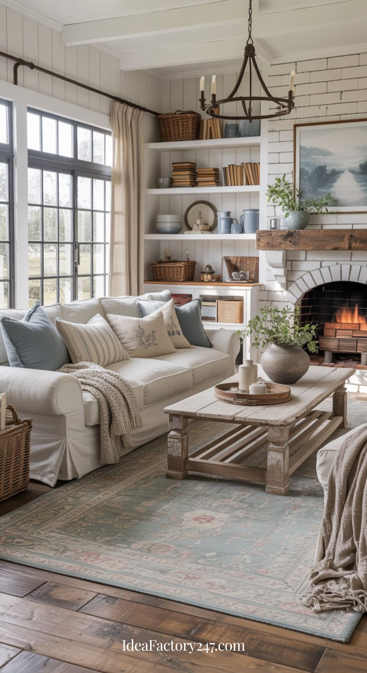 Cozy living room with a white sofa, soft blue and beige pillows, wooden coffee table, and rug. Fireplace with fire burning, shelves with decor, and large windows let in natural light. Warm, inviting, and stylish atmosphere.