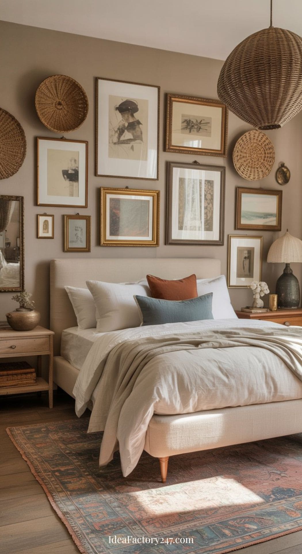 A cozy, neutral boho bedroom with a beige upholstered bed, white bedding, and layered pillows. The wall behind the bed displays a gallery of framed art and woven baskets, creating an inviting atmosphere with warm tones and natural decor.