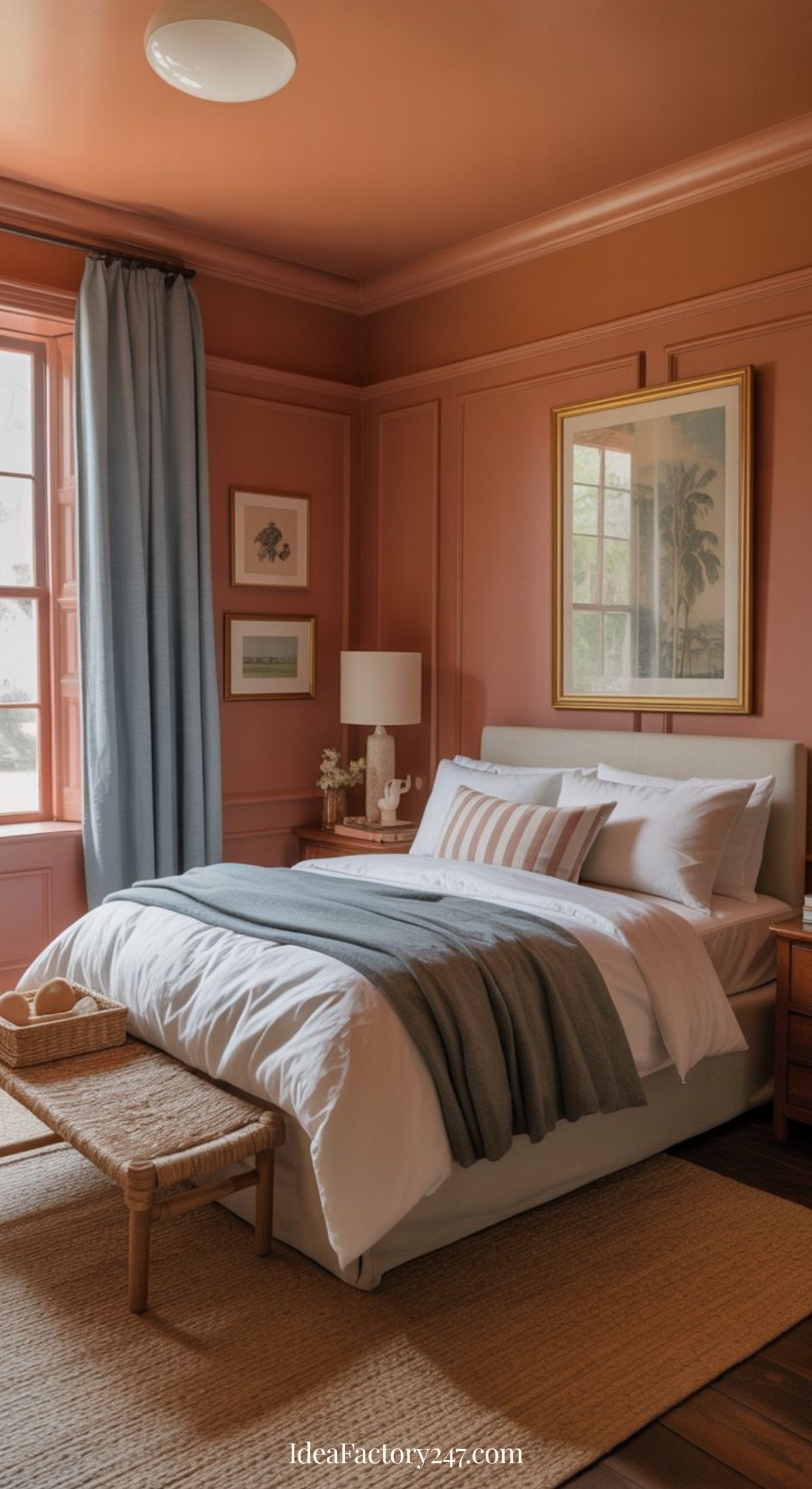 A cozy blue and terracotta bedroom with peach walls, a neatly made bed with white and gray bedding, a wooden bench, blue curtains, framed art, a bedside lamp, and natural light streaming through the window.