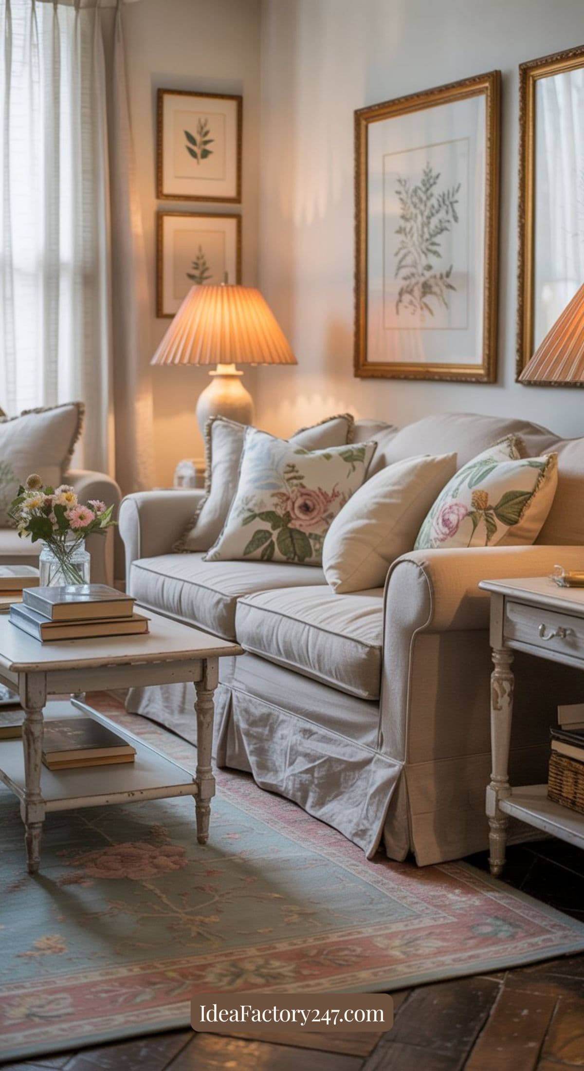 A cozy living room with a beige sofa, floral cushions, two side tables, lamps with pleated shades, framed botanical art on the wall, and soft natural light from a window. Stacked books and flowers decorate the tables.