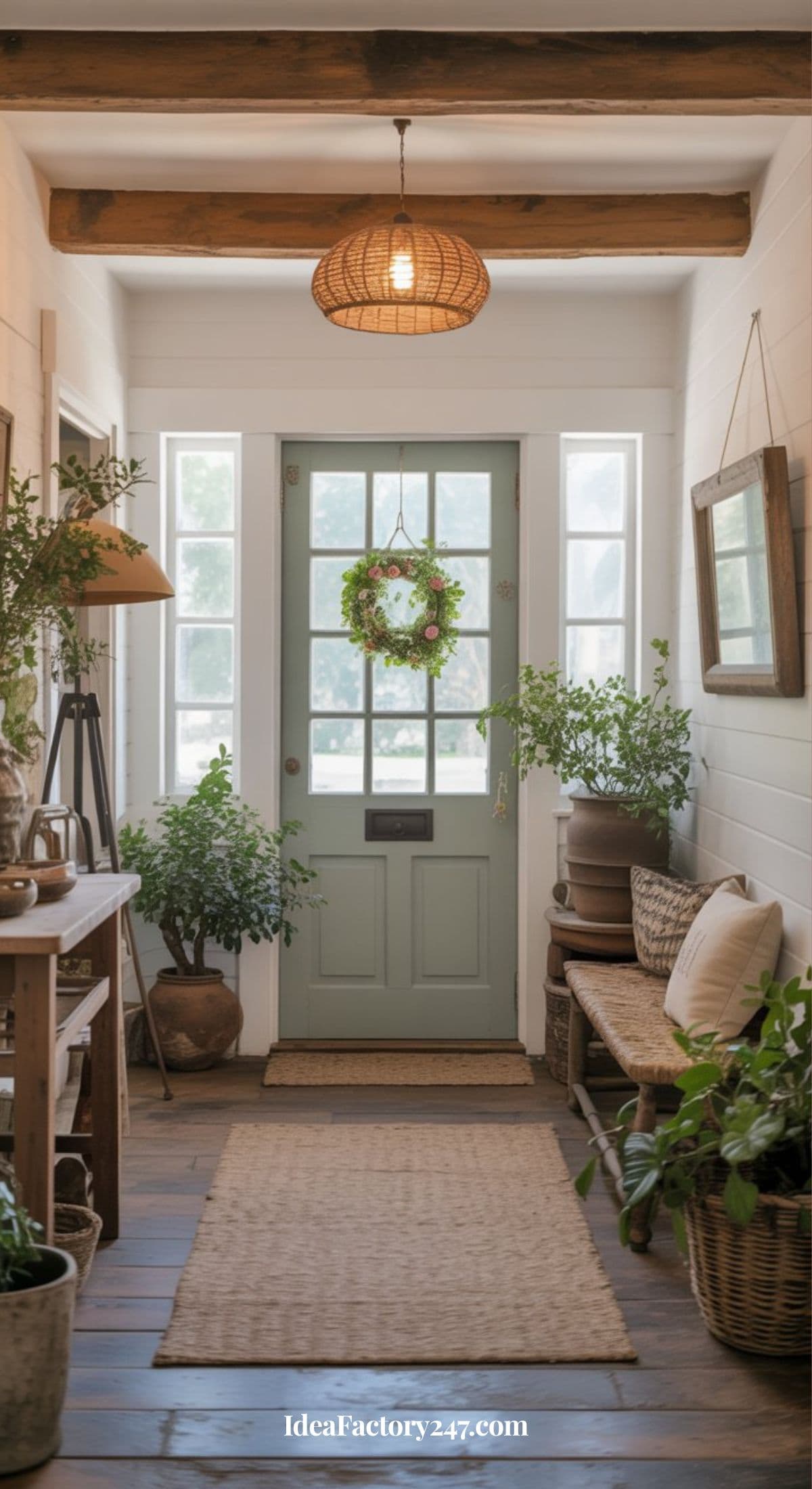 Bright, rustic entryway with wooden floors, green front door decorated with a wreath, potted plants, wicker bench, and natural light streaming in through side windows. Cozy and inviting decor with earthy tones.