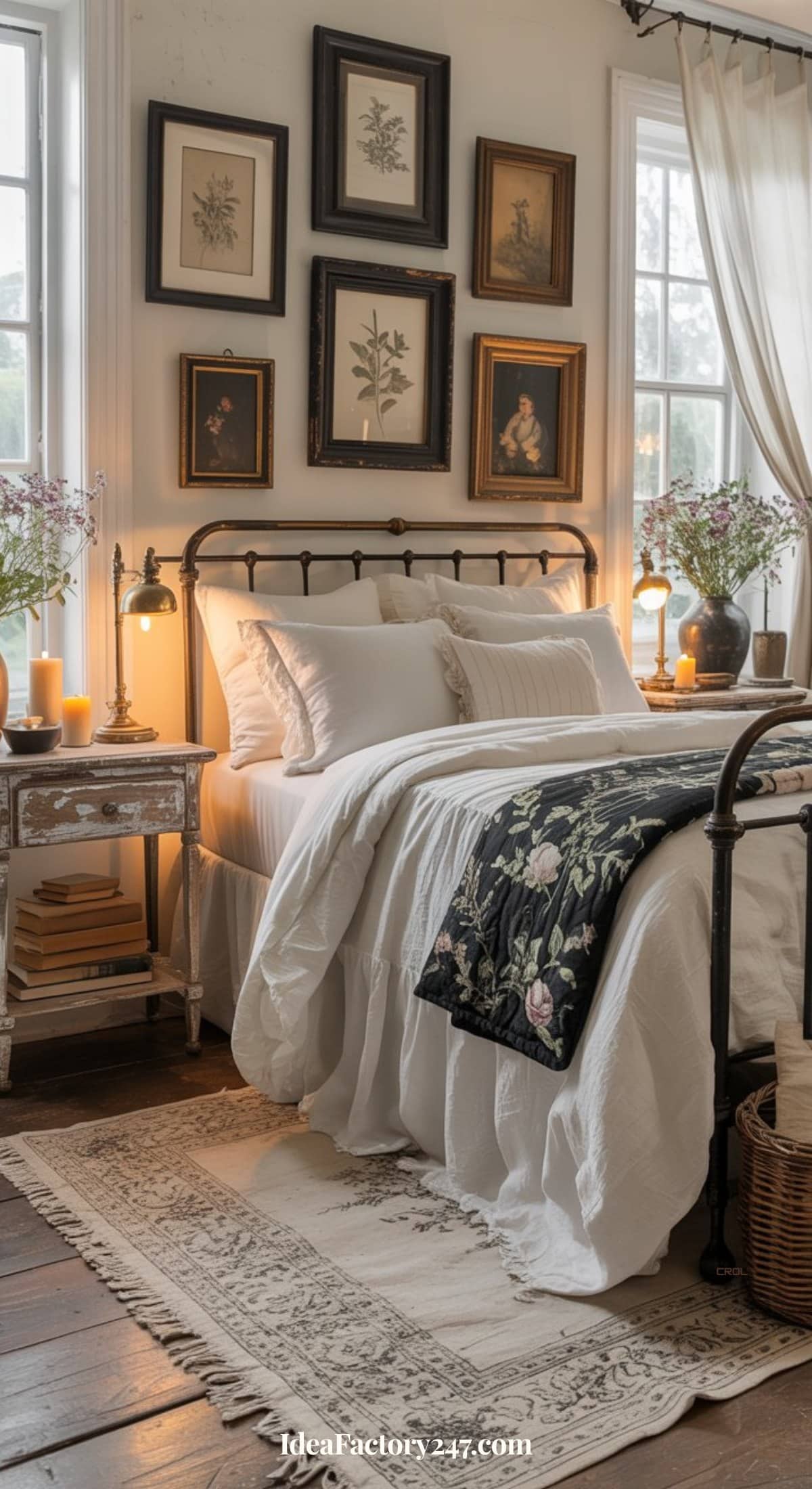A cozy black and white bedroom idea with a vintage iron bed, white bedding, and a floral quilt. Framed art hangs above the bed, while nightstands display books, flowers, and candles. Sunlight streams through large windows with sheer curtains.
