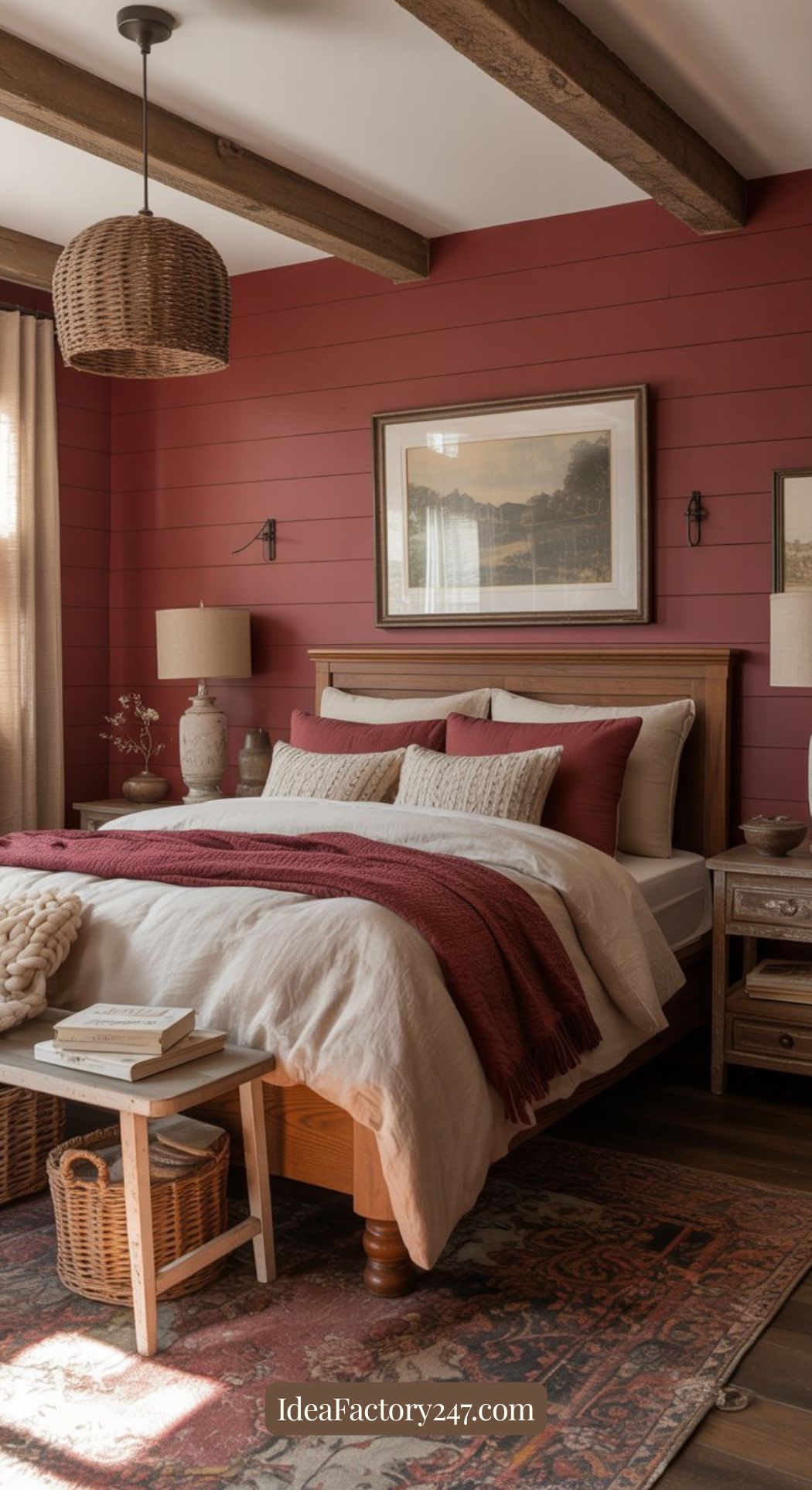A cozy bedroom with a wooden bed, beige and red bedding, two nightstands with lamps, a rustic rug, a woven pendant light, and a bench at the foot of the bed. The walls are painted deep red with a landscape picture hanging above the bed.