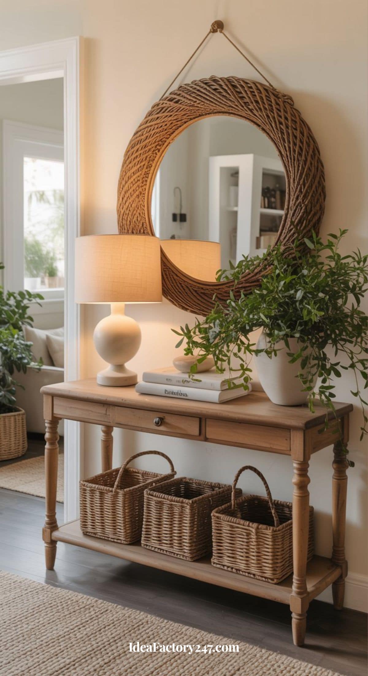 A wooden console table with three wicker baskets underneath, a white lamp, books, and a green plant on top. Above the table hangs a large round wicker mirror. The setting is a bright, cozy, and modern living space.