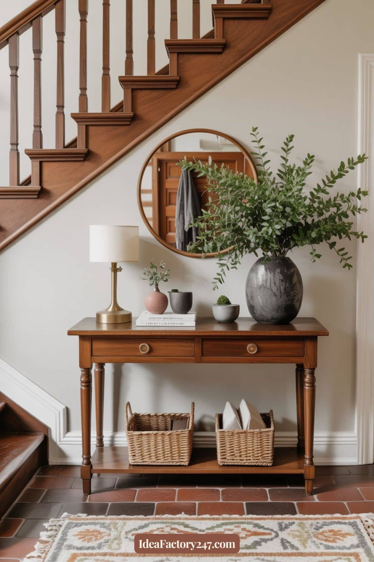 A wooden console table sits under a staircase, decorated with a lamp, small vases, and a large leafy plant. A round mirror hangs above, with baskets and books on the lower shelf. The floor has brown tiles and a patterned rug.