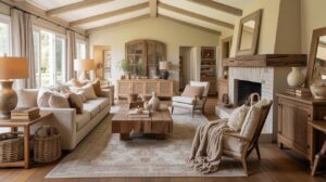 A cozy, sunlit living room with beige walls, wood beams, a cream sofa, armchairs, rustic wooden coffee table, fireplace, and neutral-toned decor. Large windows with curtains let in natural light.