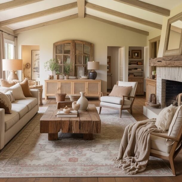A cozy, sunlit living room with beige walls, wood beams, a cream sofa, armchairs, rustic wooden coffee table, fireplace, and neutral-toned decor. Large windows with curtains let in natural light.