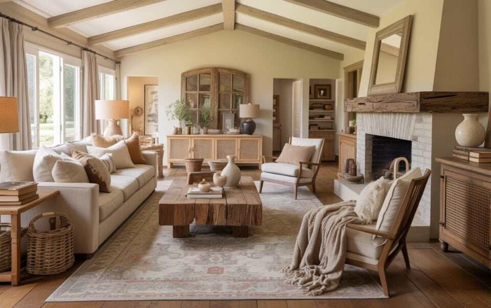 A cozy, sunlit living room with beige walls, wood beams, a cream sofa, armchairs, rustic wooden coffee table, fireplace, and neutral-toned decor. Large windows with curtains let in natural light.