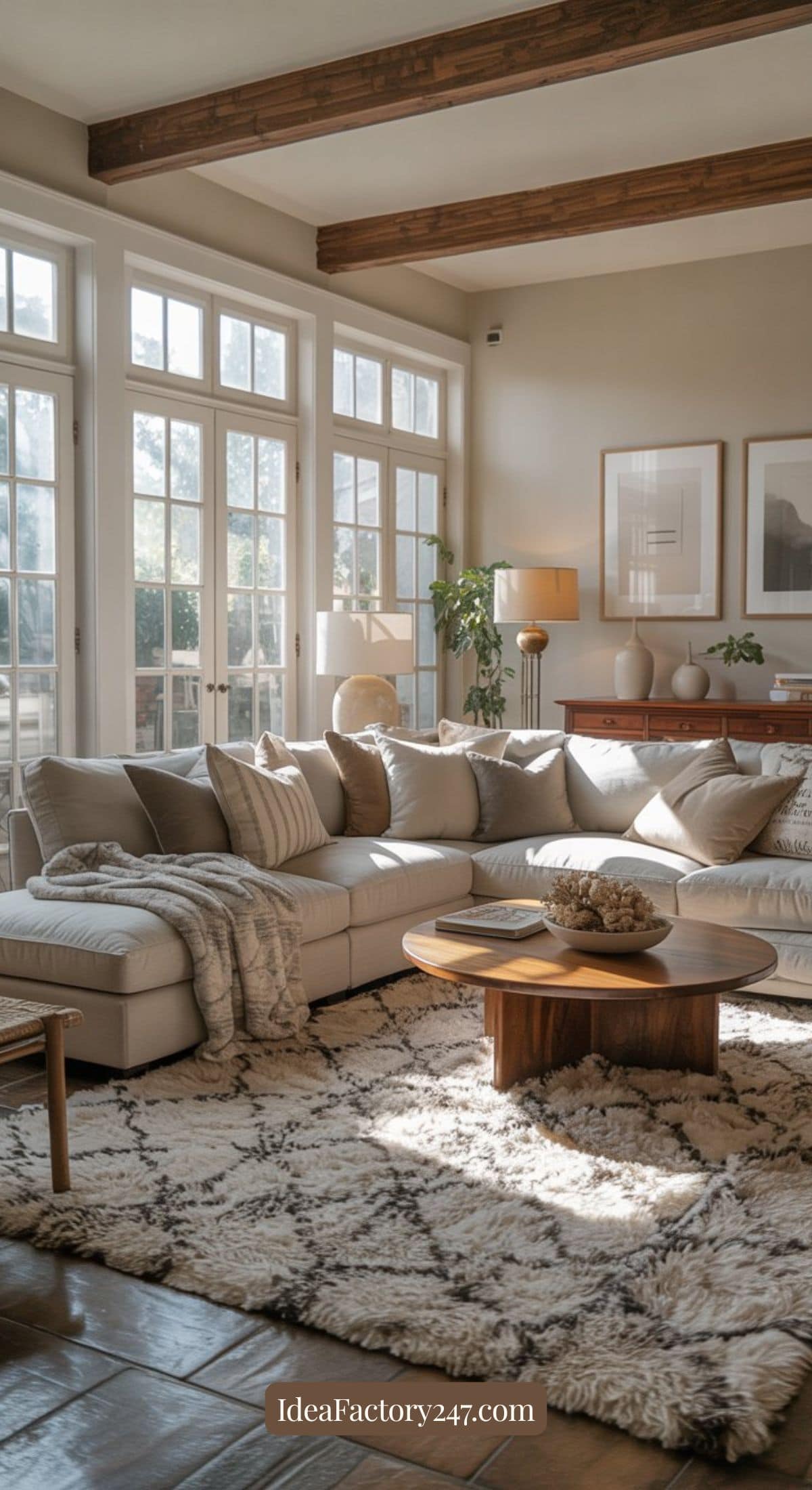 A sunlit living room with a large beige sectional sofa, neutral throw pillows, a patterned rug, a round wooden coffee table, and wall art. Large windows and wooden ceiling beams add warmth and brightness to the space.