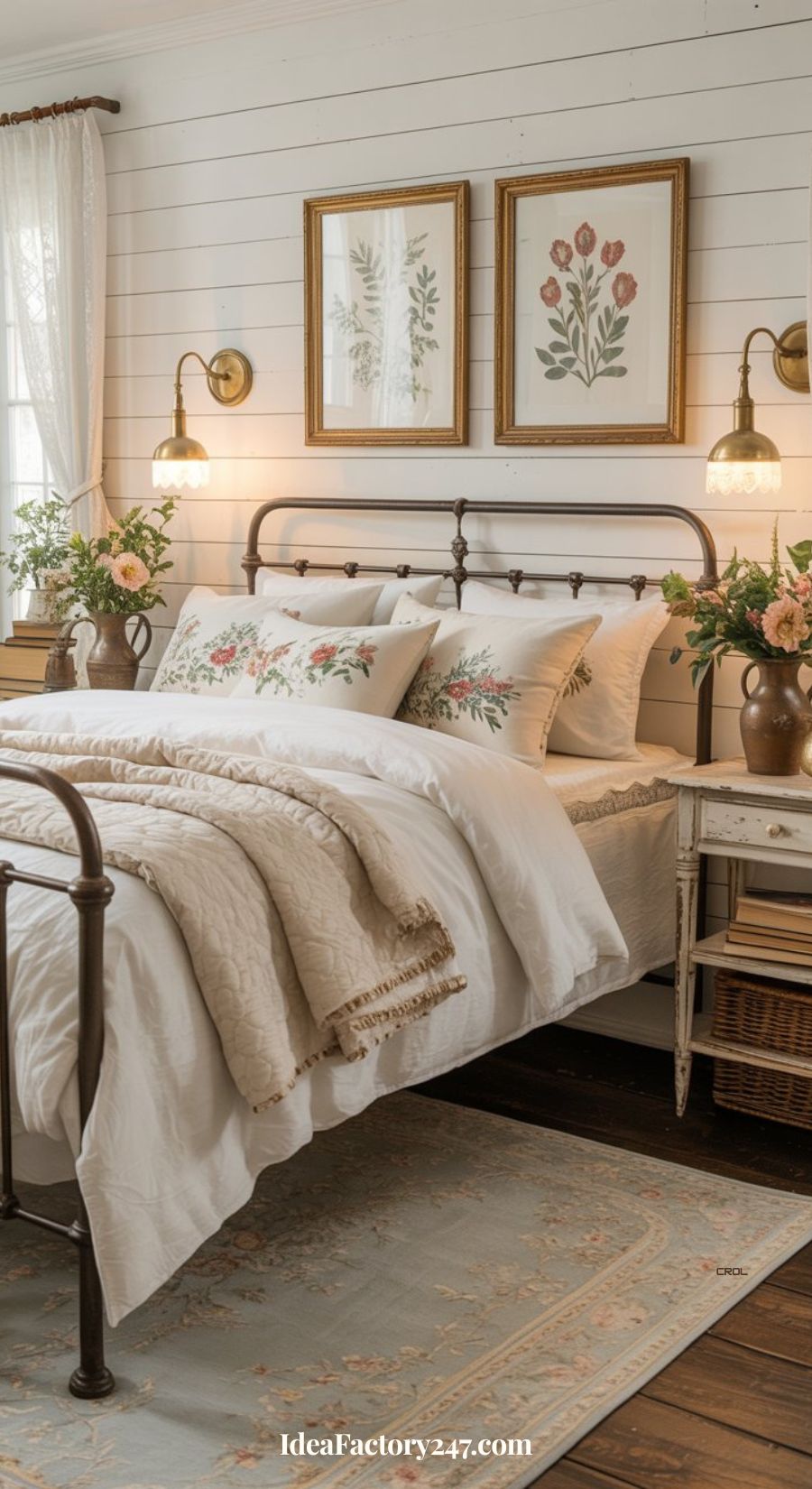 Cozy farmhouse bedroom with a metal bed frame, white bedding, floral pillows, rustic nightstands, fresh flower arrangements, and botanical prints on a shiplap wall, with warm lighting from wall-mounted lamps.