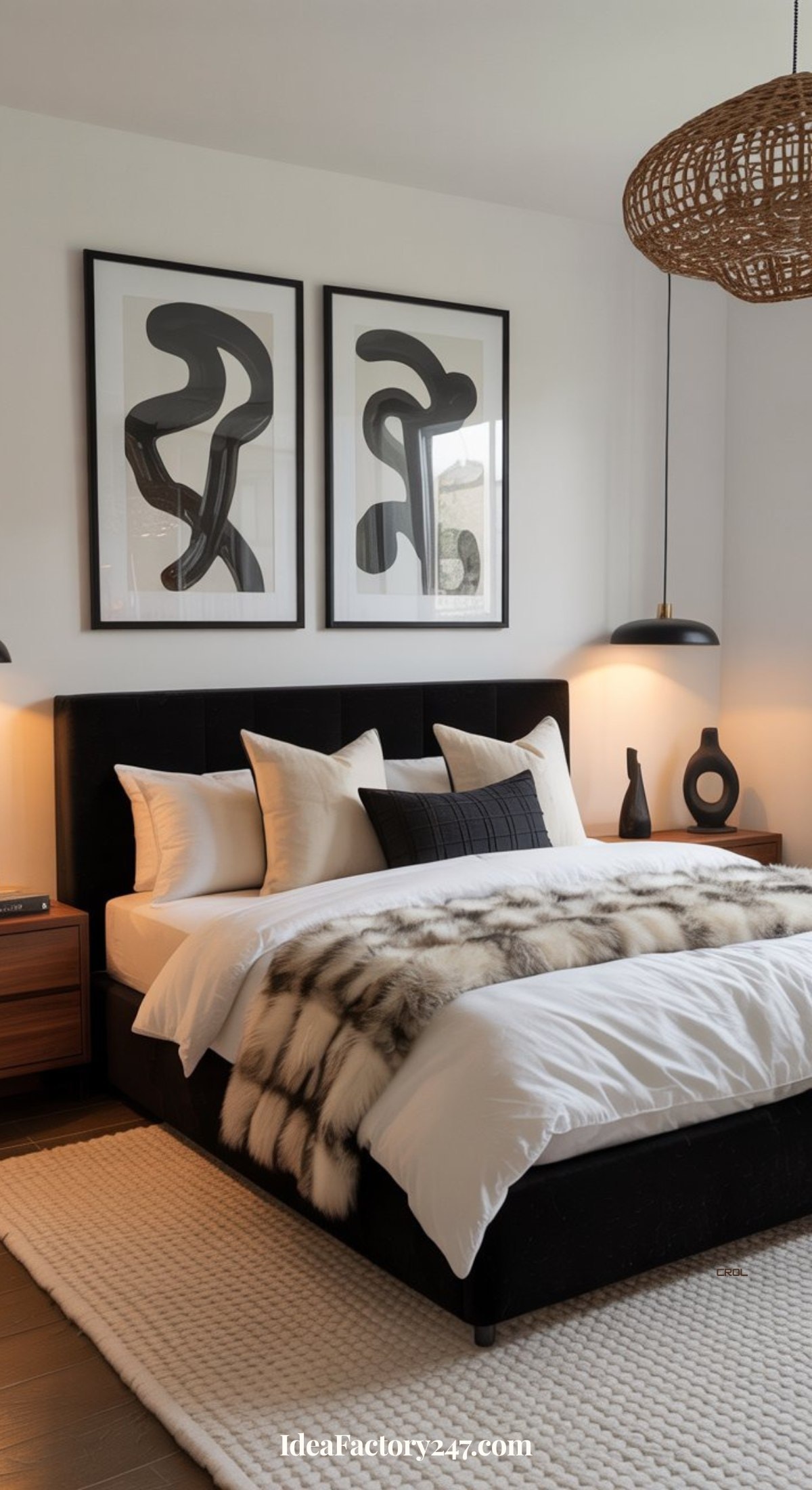 A modern black and white bedroom featuring a black upholstered bed, white bedding, faux fur throw, abstract art above the headboard, wooden nightstands, pendant lights, and woven decor—perfect for those seeking stylish black and white bedroom ideas.