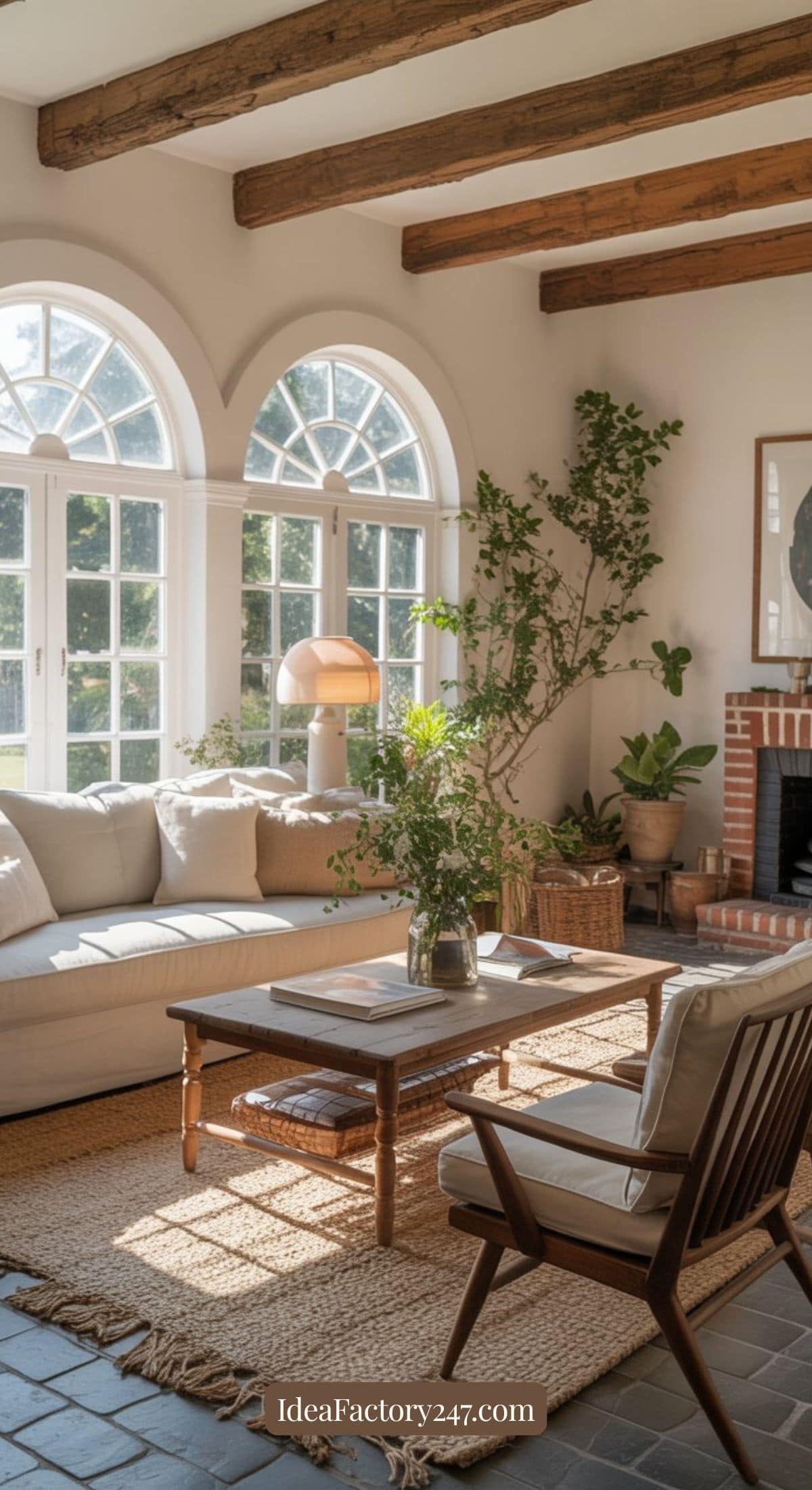 A sunlit living room with arched windows, exposed wooden beams, a cream sofa, a wooden coffee table, green plants, a jute rug, and a brick fireplace, creating a cozy and inviting atmosphere.