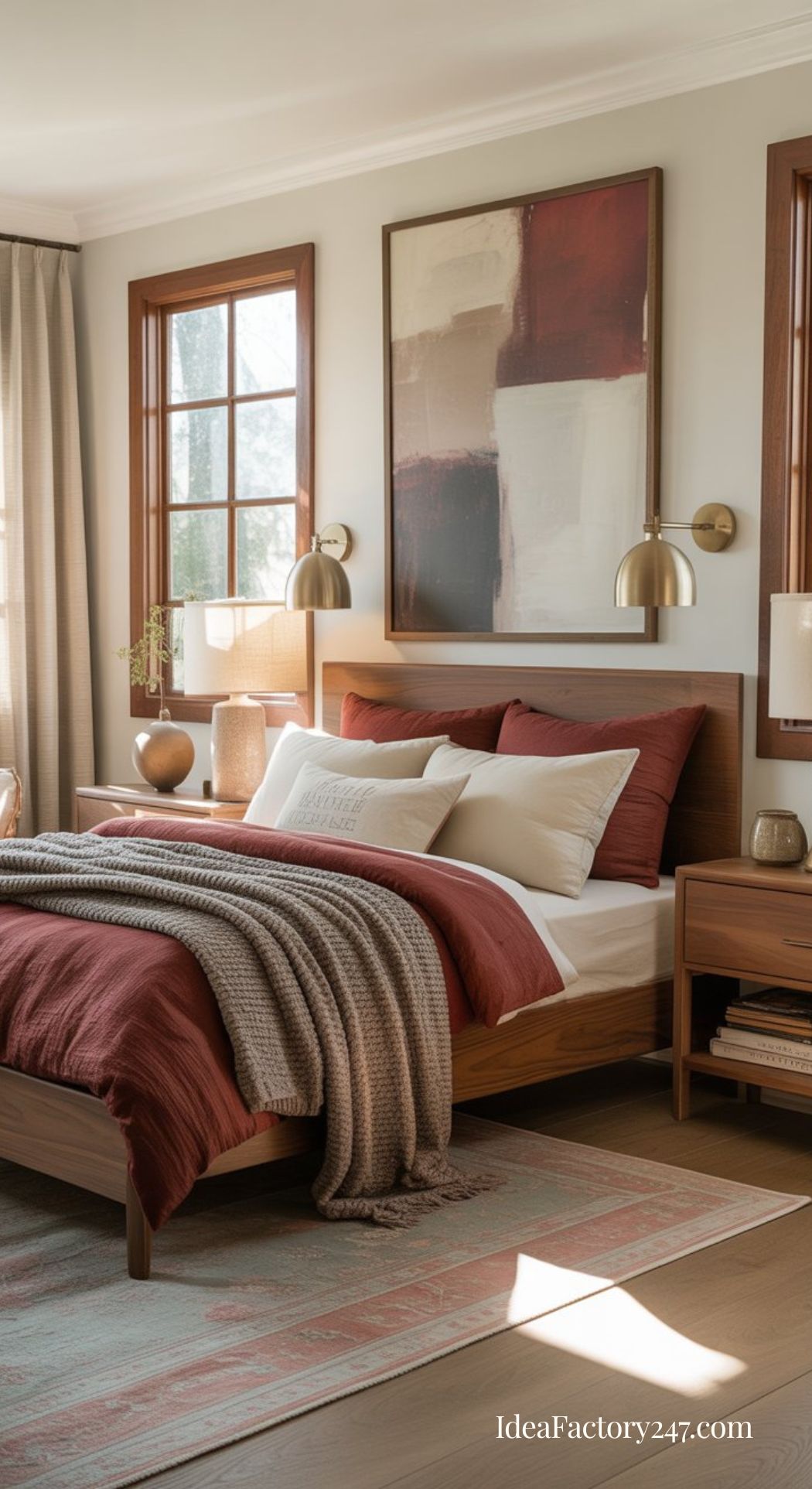 A cozy bedroom with a wooden bed, rust-colored bedding, beige and gray pillows, and a textured knit throw. Modern art hangs above the bed, with warm lighting, two windows, and a small nightstand with books and a lamp.