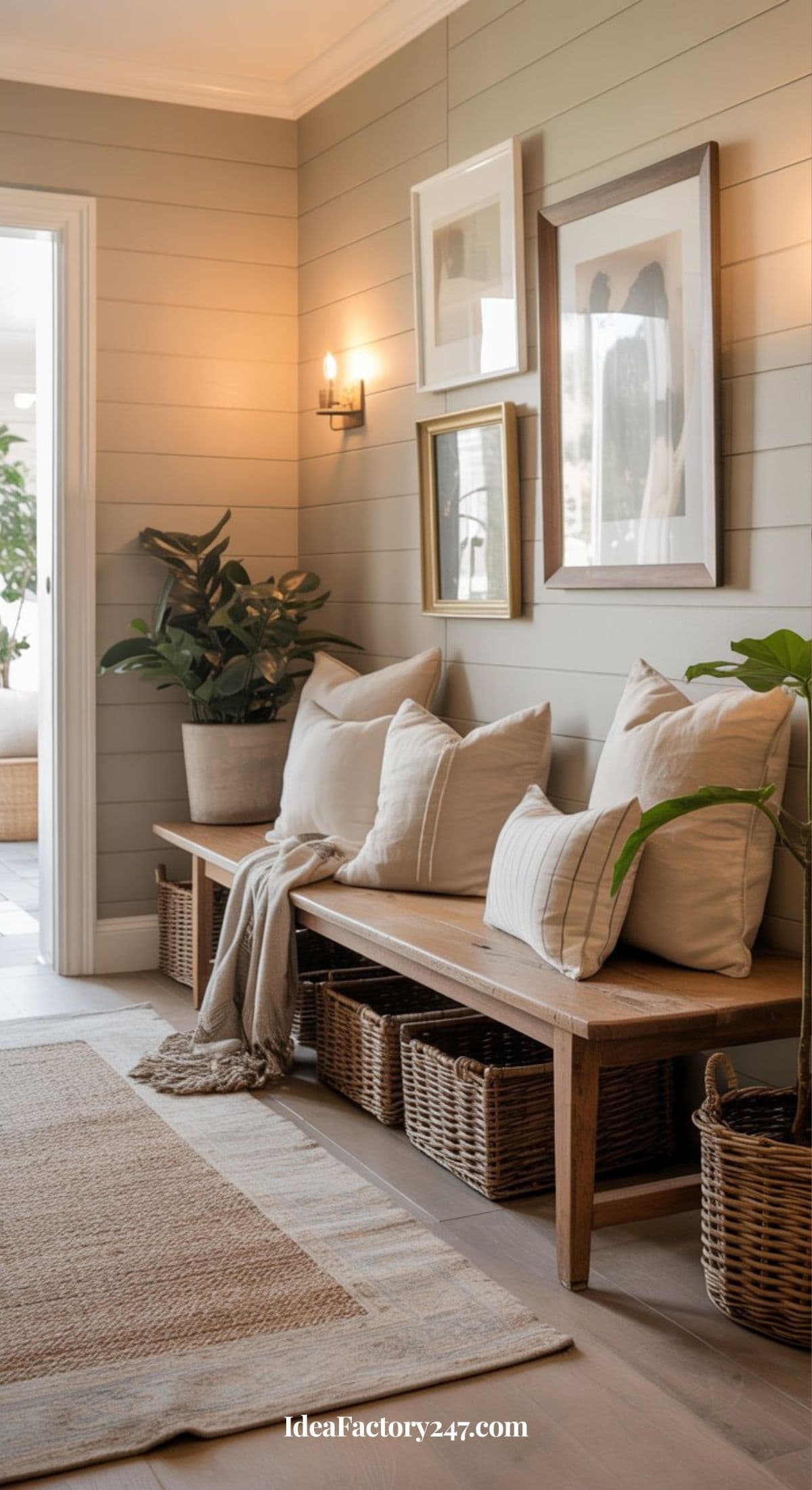 A cozy entryway with a wooden bench topped with beige pillows and a throw blanket. Wicker baskets are stored underneath. Potted plants and framed wall art add warmth. Soft lighting creates an inviting atmosphere.