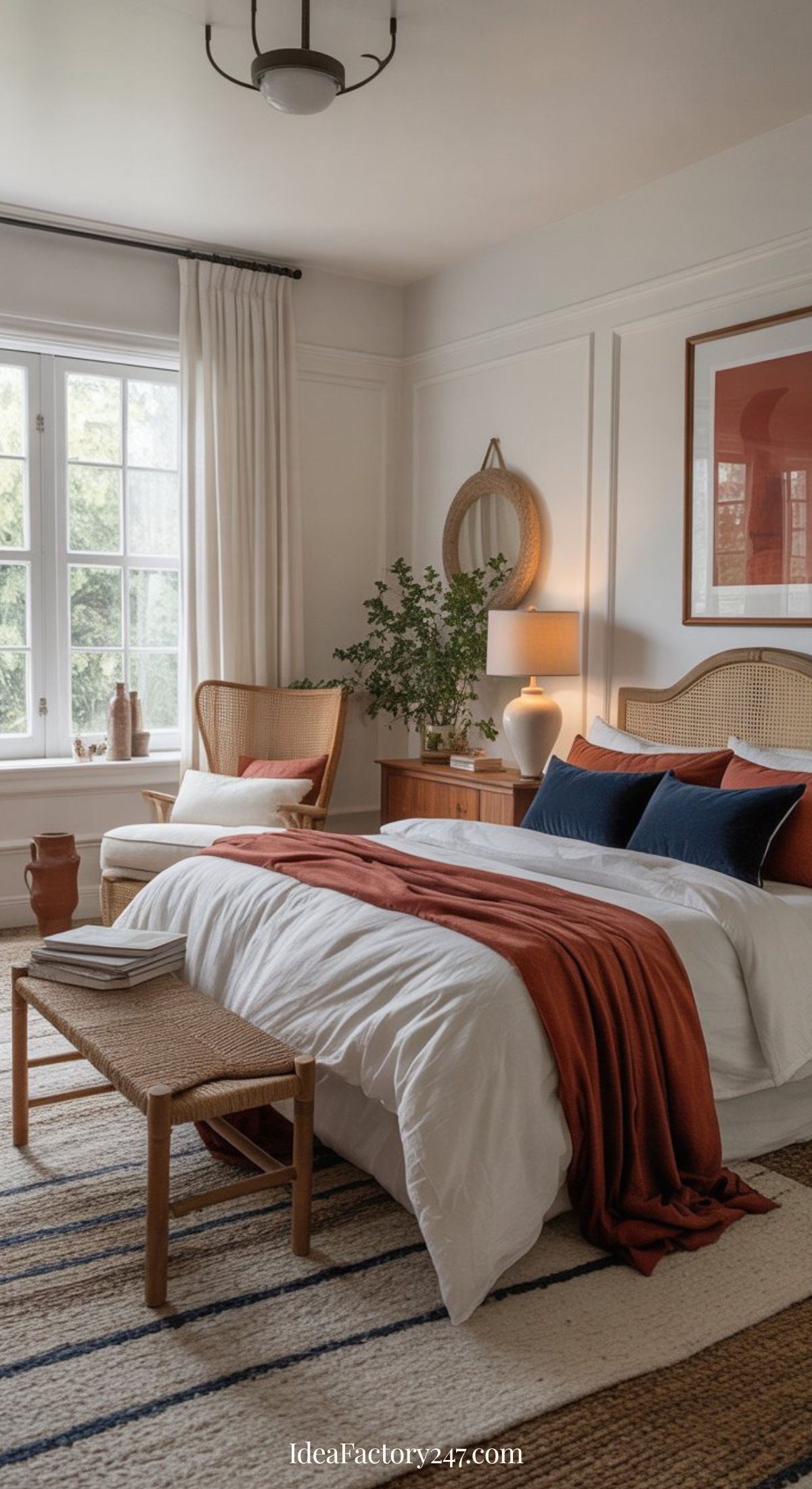 A cozy, modern blue and terracotta bedroom with a large bed featuring white and rust-colored linens, a woven bench, rattan chair, potted plant, and large windows letting in natural light. Neutral tones and warm accents create a calming atmosphere.
