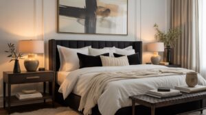 A modern, cozy retreat showcasing black and white bedroom ideas: a neatly made bed with a black headboard, crisp white bedding, black accent pillows, bedside tables with lamps, a bench at the foot, and an abstract painting above.