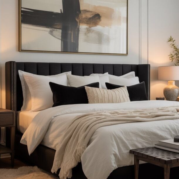 A modern, cozy retreat showcasing black and white bedroom ideas: a neatly made bed with a black headboard, crisp white bedding, black accent pillows, bedside tables with lamps, a bench at the foot, and an abstract painting above.