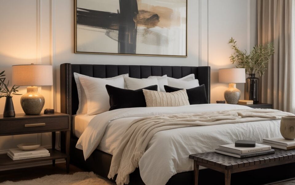 A modern, cozy retreat showcasing black and white bedroom ideas: a neatly made bed with a black headboard, crisp white bedding, black accent pillows, bedside tables with lamps, a bench at the foot, and an abstract painting above.