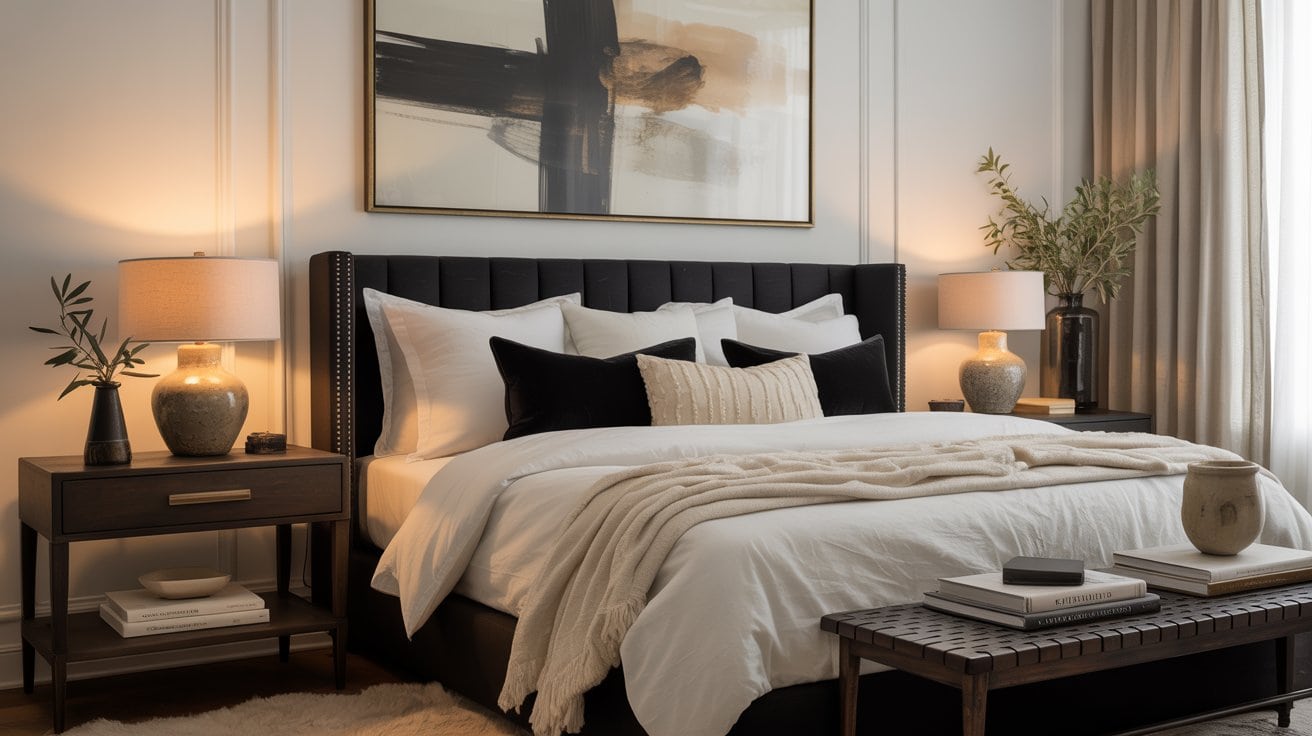 A modern, cozy retreat showcasing black and white bedroom ideas: a neatly made bed with a black headboard, crisp white bedding, black accent pillows, bedside tables with lamps, a bench at the foot, and an abstract painting above.