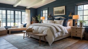 A cozy bedroom with navy blue walls, large windows, a neatly made bed with white and blue bedding, wooden furniture, a woven bench, and warm lighting from two bedside lamps. Sunlight streams in, brightening the room.