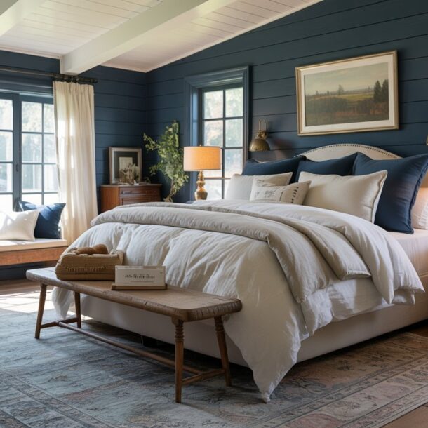 A cozy bedroom with navy blue walls, large windows, a neatly made bed with white and blue bedding, wooden furniture, a woven bench, and warm lighting from two bedside lamps. Sunlight streams in, brightening the room.