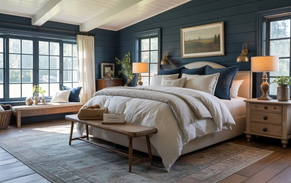 A cozy bedroom with navy blue walls, large windows, a neatly made bed with white and blue bedding, wooden furniture, a woven bench, and warm lighting from two bedside lamps. Sunlight streams in, brightening the room.