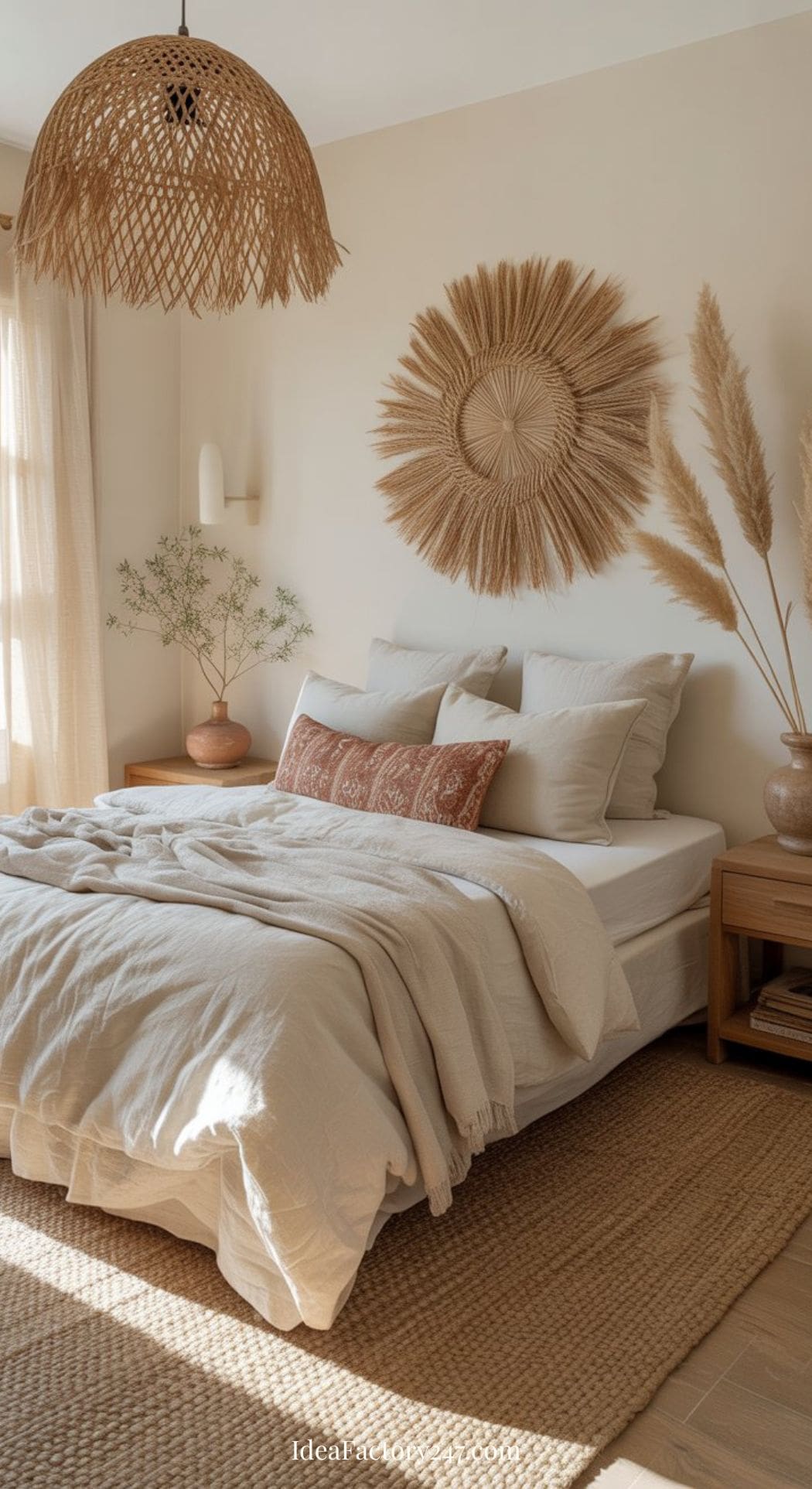 A cozy neutral boho bedroom with beige bedding, patterned pillows, a woven rug, natural wood furniture, pampas grass in a vase, and wicker wall art above the bed. Soft sunlight gently fills the serene space.
