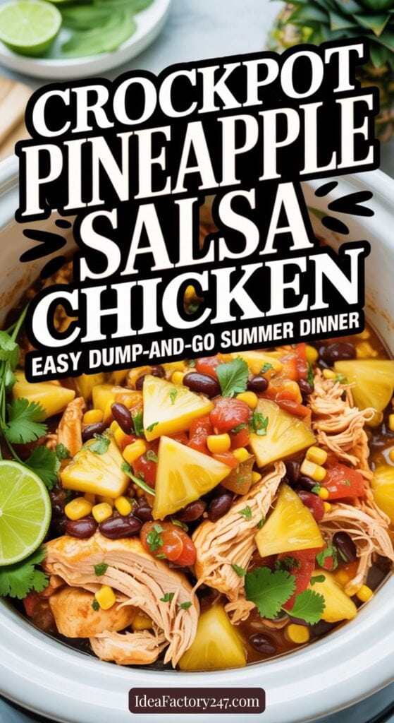 A bowl of crockpot pineapple salsa chicken with shredded chicken, pineapple chunks, black beans, corn, and tomatoes, garnished with cilantro and lime. Text overlay reads: Crockpot Pineapple Salsa Chicken - Easy Dump-and-Go Summer Dinner.