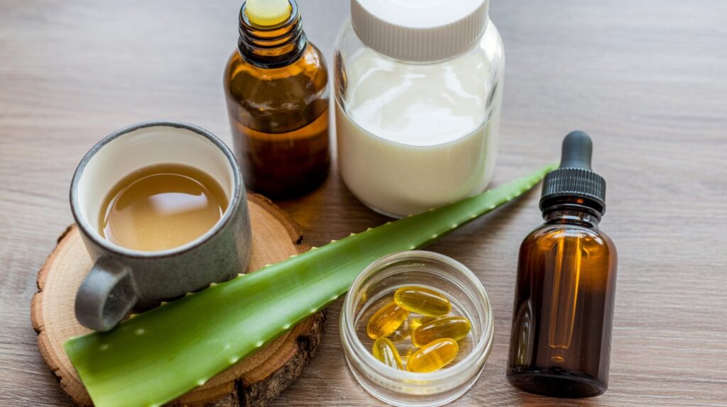 A collection of wellness items on a wooden surface, including a gray cup with liquid, amber dropper bottles such as Caffeine Under Eye Serum, a white plastic jar, yellow capsules in a small jar, and a fresh aloe vera leaf.