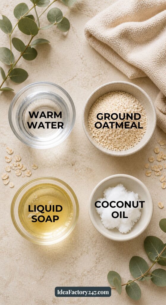 Four bowls on a beige surface contain warm water, ground oatmeal, liquid soap, and coconut oil—key ingredients for homemade Dog Shampoo for Itchy Skin. A towel, eucalyptus leaves, and scattered oats complete the soothing setup.
