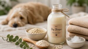 A bottle of Dog Shampoo for Itchy Skin sits on a table with a wooden spoon of oats, a bowl of oat powder, white powder, and eucalyptus leaves. A blurred dog and folded towels appear in the softly lit background.