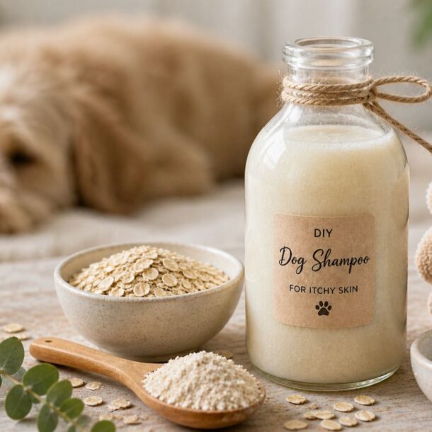 A bottle of Dog Shampoo for Itchy Skin sits on a table with a wooden spoon of oats, a bowl of oat powder, white powder, and eucalyptus leaves. A blurred dog and folded towels appear in the softly lit background.