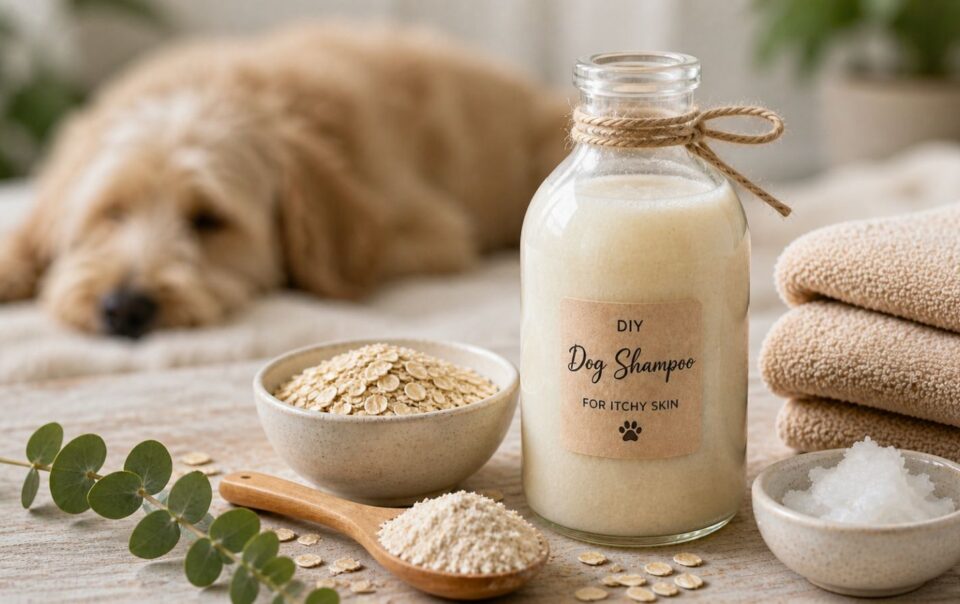 A bottle of Dog Shampoo for Itchy Skin sits on a table with a wooden spoon of oats, a bowl of oat powder, white powder, and eucalyptus leaves. A blurred dog and folded towels appear in the softly lit background.