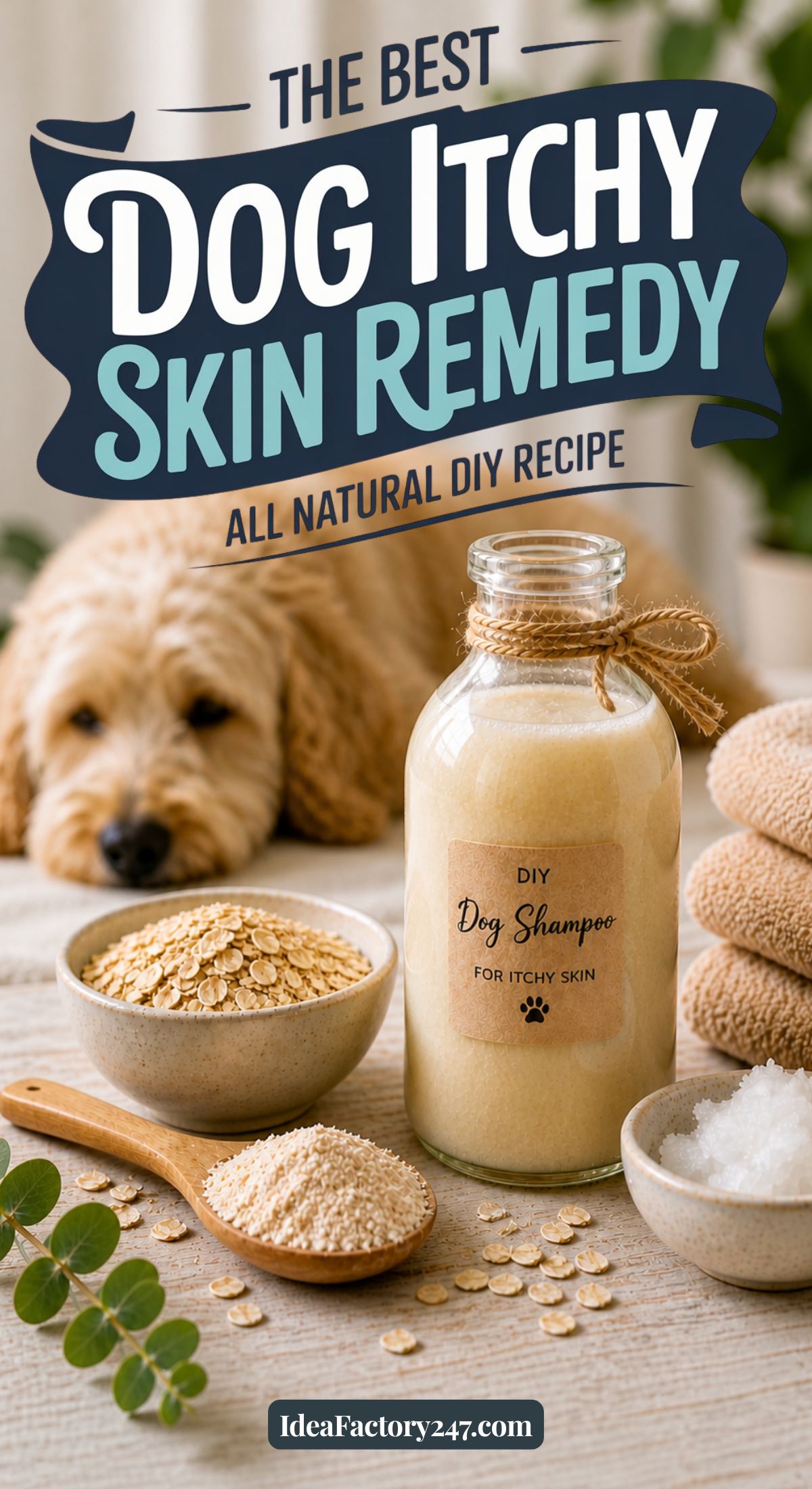 A jar labeled Dog Shampoo for Itchy Skin sits on a table with oats, a wooden spoon, salt, and folded towels. A relaxed dog lies nearby as text above highlights this all-natural itchy skin remedy for dogs.