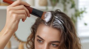 A person applies a white cream to their hair roots with a brush, suggesting hair dye, treatment, or DIY Dry Shampoo, with a blurred background featuring a mirror and greenery.