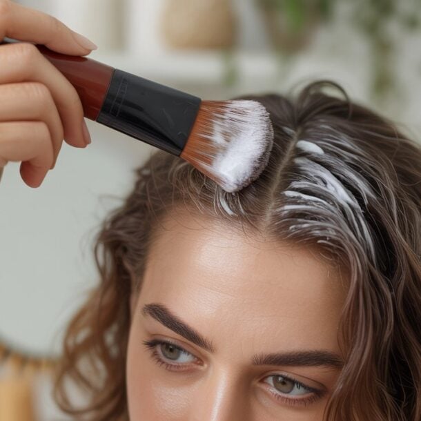 A person applies a white cream to their hair roots with a brush, suggesting hair dye, treatment, or DIY Dry Shampoo, with a blurred background featuring a mirror and greenery.