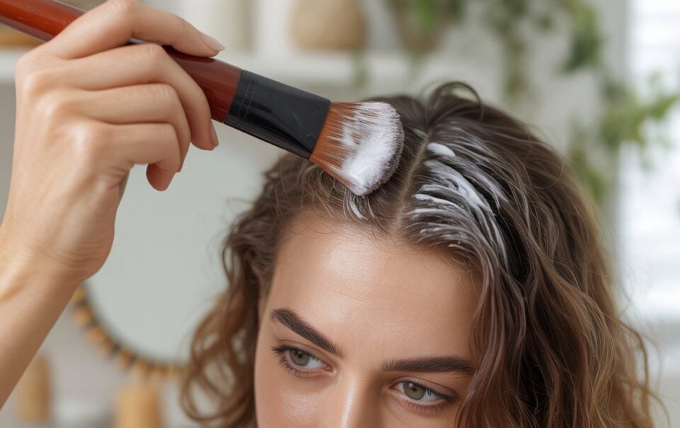 A person applies a white cream to their hair roots with a brush, suggesting hair dye, treatment, or DIY Dry Shampoo, with a blurred background featuring a mirror and greenery.