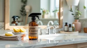 An amber spray bottle labeled glass & mirror cleaner sits on a marble bathroom counter, alongside a bowl of lemon halves, folded towels, and various toiletries, with sunlight streaming in.