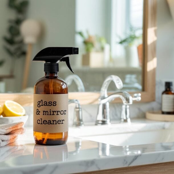An amber spray bottle labeled glass & mirror cleaner sits on a marble bathroom counter, alongside a bowl of lemon halves, folded towels, and various toiletries, with sunlight streaming in.