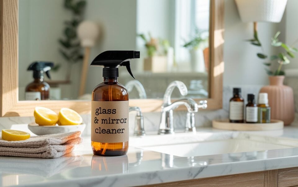 An amber spray bottle labeled glass & mirror cleaner sits on a marble bathroom counter, alongside a bowl of lemon halves, folded towels, and various toiletries, with sunlight streaming in.