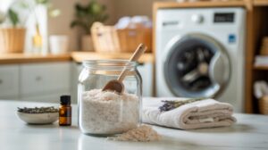 A glass jar of pink bath salts with a wooden scoop sits on a counter near a folded towel, lavender sprigs, a small oil bottle, and a washing machine in a bright laundry room.